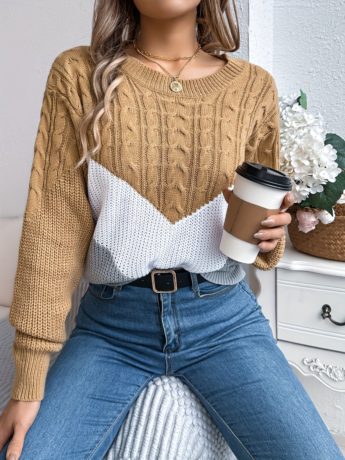 Women's Soft Knit Two-Tone Crew Sweater with Gentle Stretch