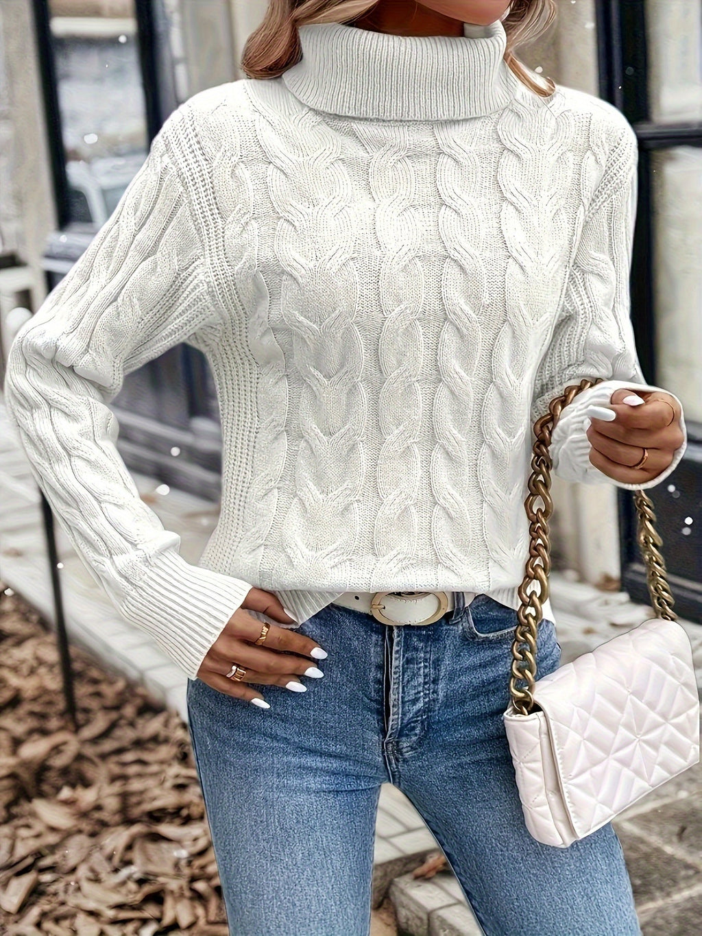Women's Everyday Turtleneck Pullover with Twisted Cable Knit
