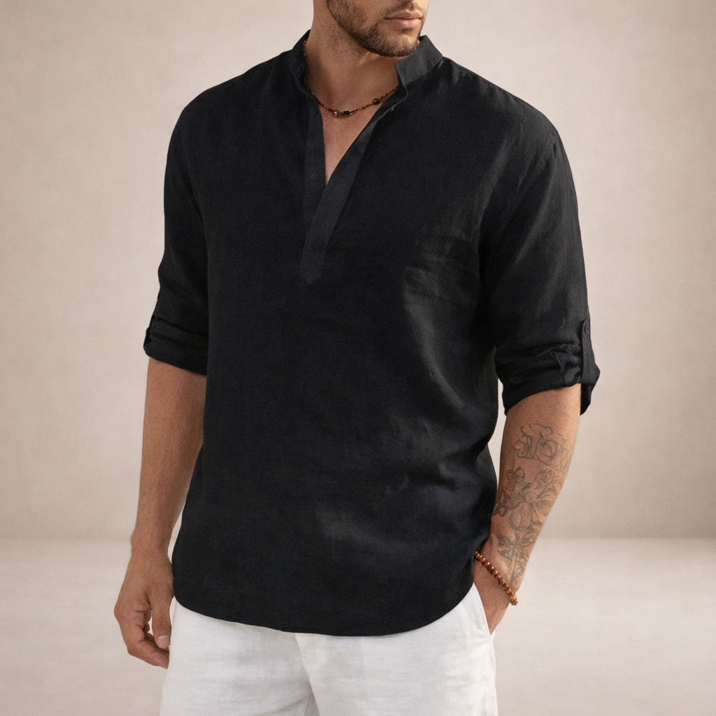 Men's Linen Shirt Open Placket Roll Sleeve Resort Fit