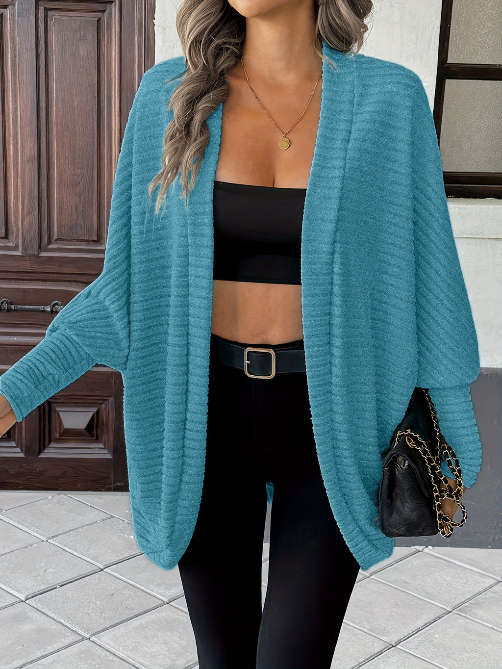 Women's Buttonless Ribbed Drape Cardigan