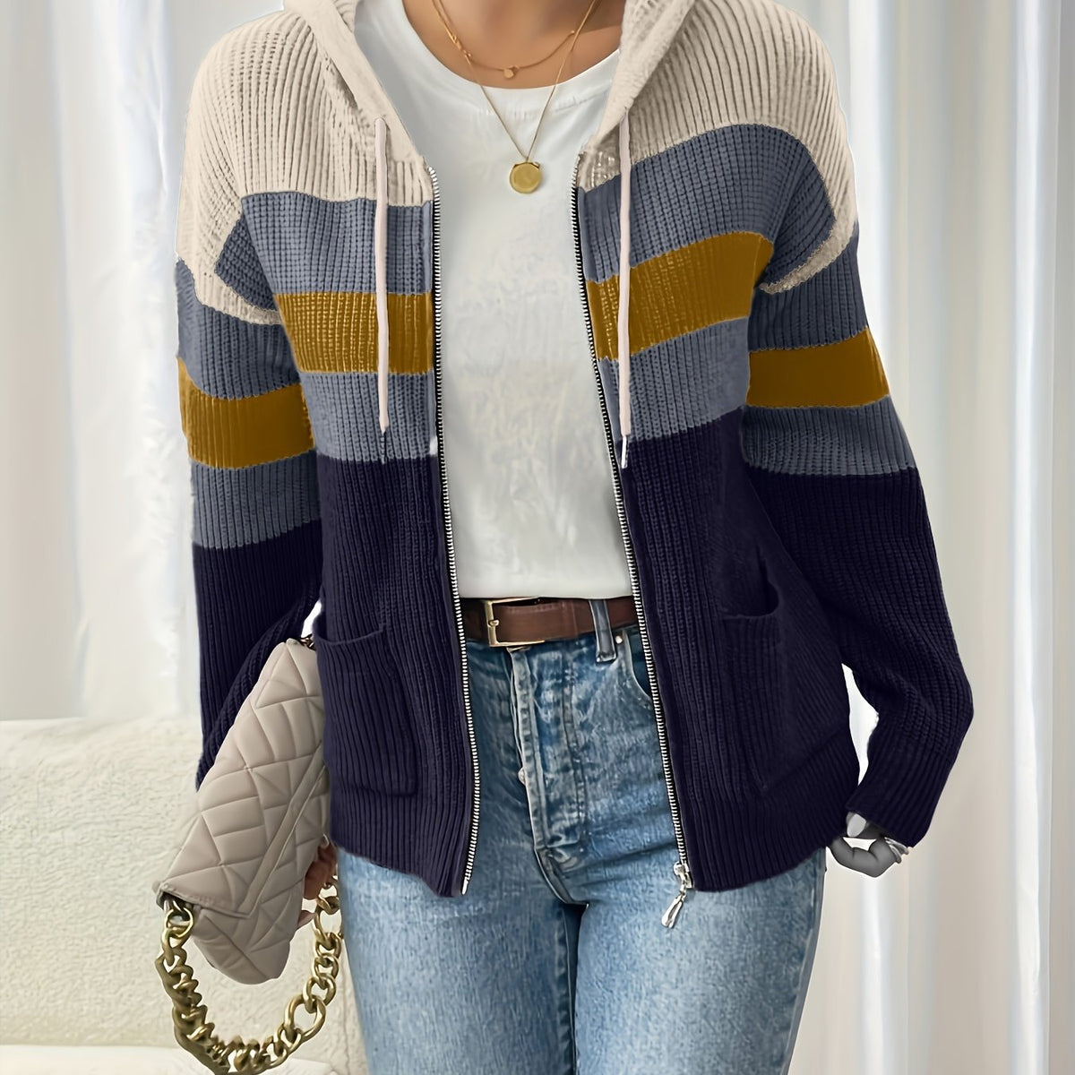 Women's Multicolor Rib Knit Hooded Zip-Up Cardigan - Apricot