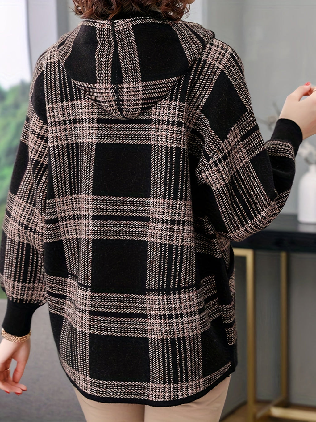 Women's Relaxed Checked Hoodie Jacket with Full Zipper