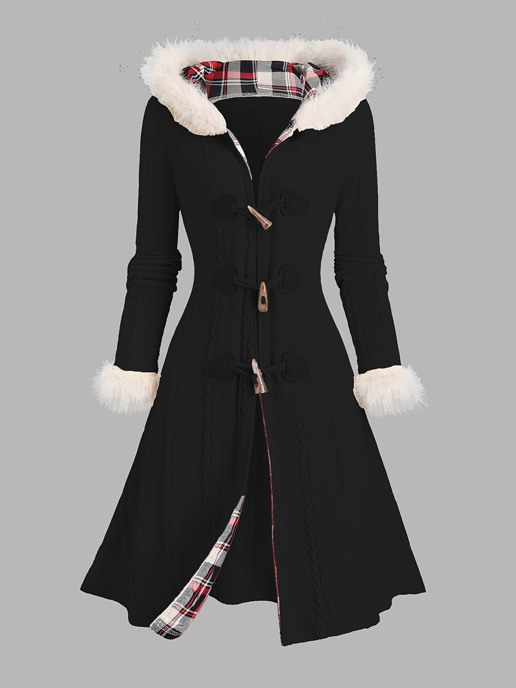 Women's Black Longline Toggle Coat with Faux Fur Trimmed Hood