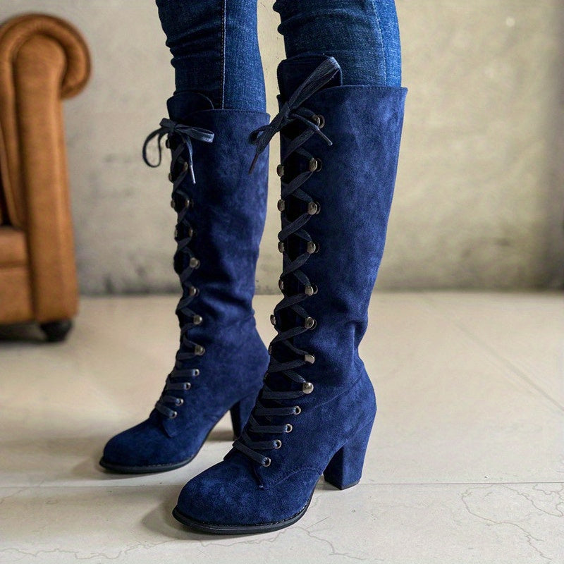 Women's Laced Shaft Tall Boots for Dresses and Skirts - Blue