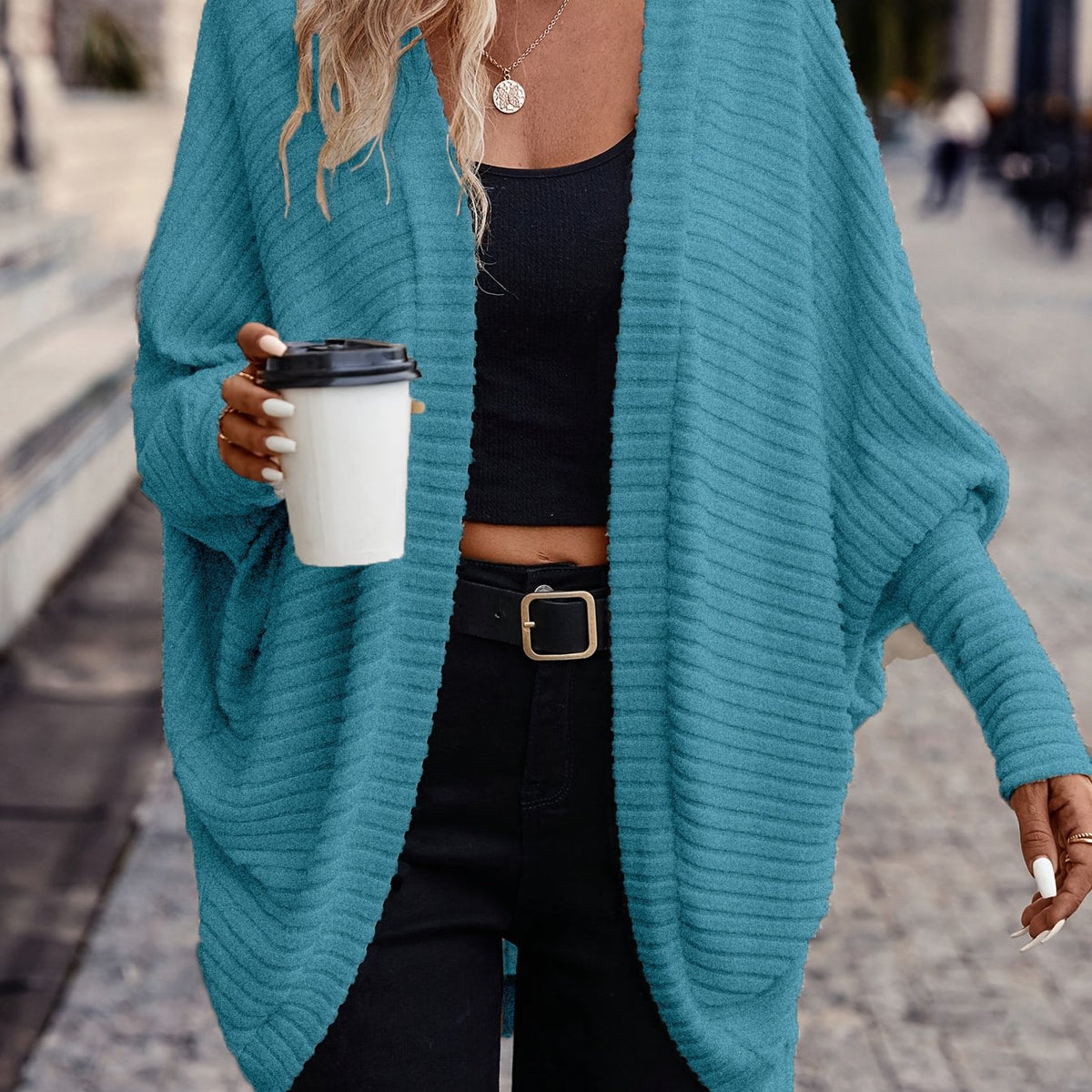 Women's Buttonless Ribbed Drape Cardigan - Peacock Blue