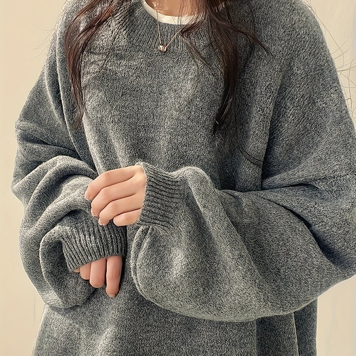 Women's Heavyweight Crew Neck Sweater for Cold Days - Dark Gray