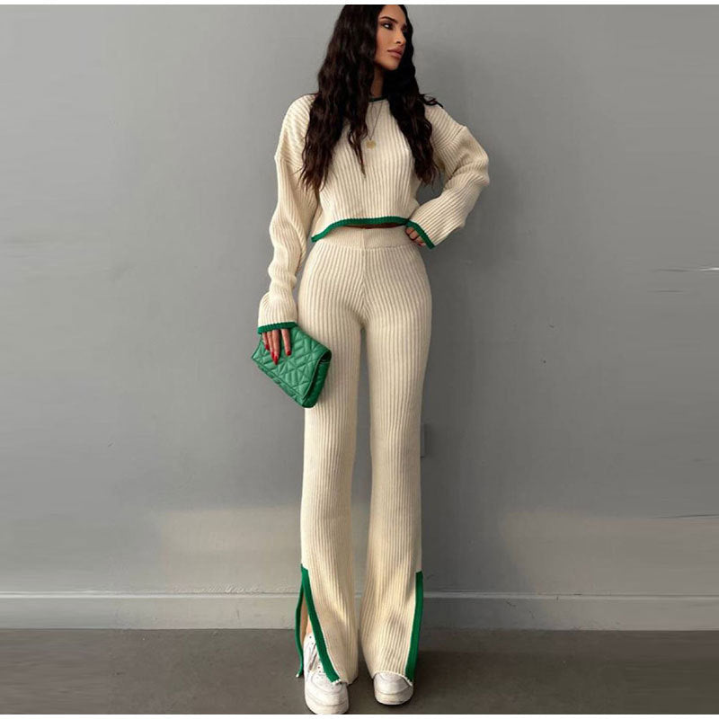 Women's Cool-Weather Knit Two-Piece with Contrast Edging - Cream