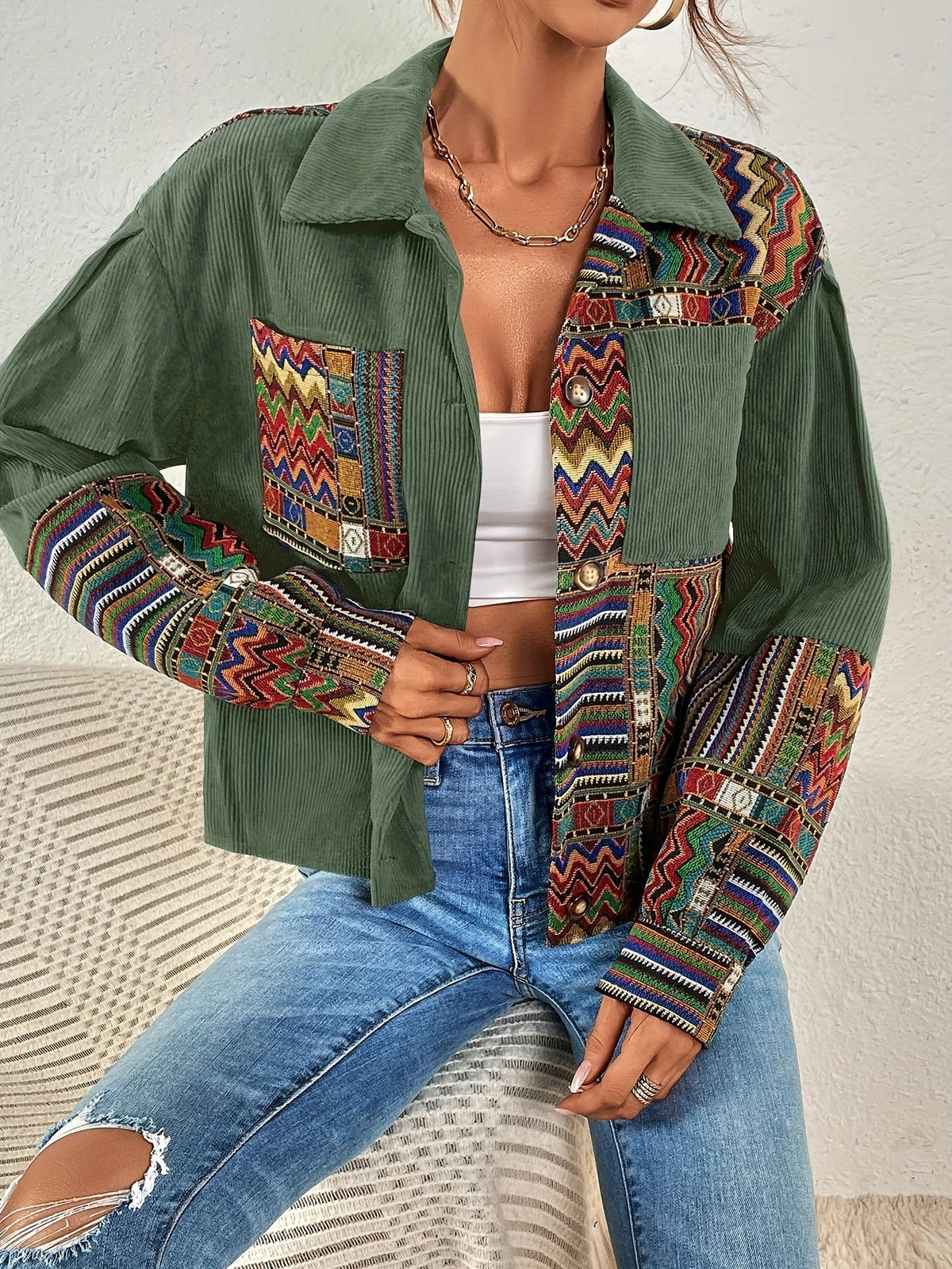 Women's Green Patchwork Jacket with Button Front