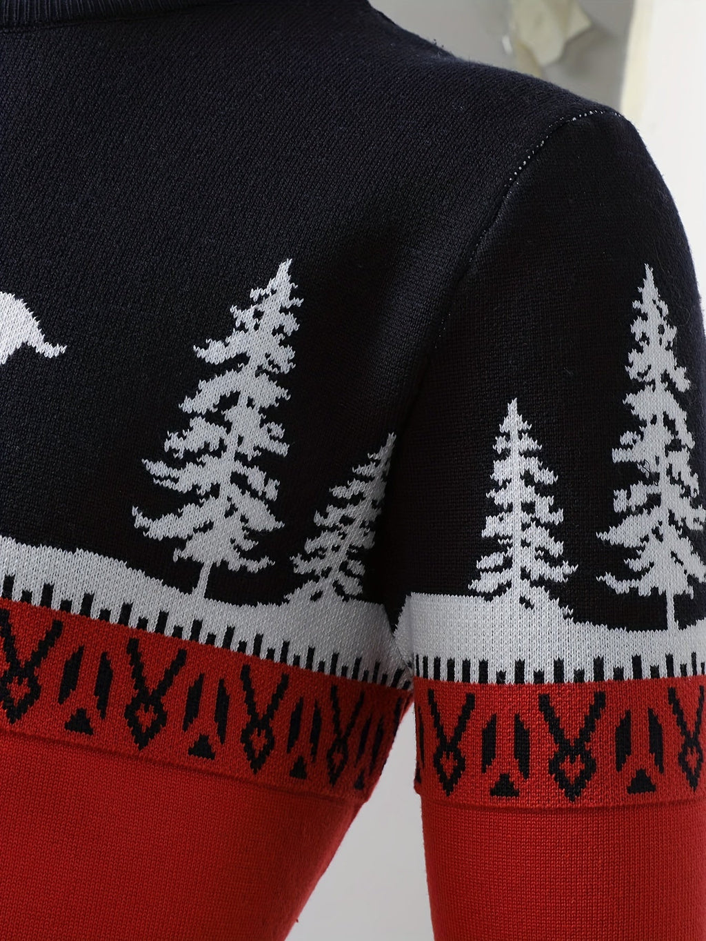 Women's Red Holiday Sweater with Reindeer and Pines