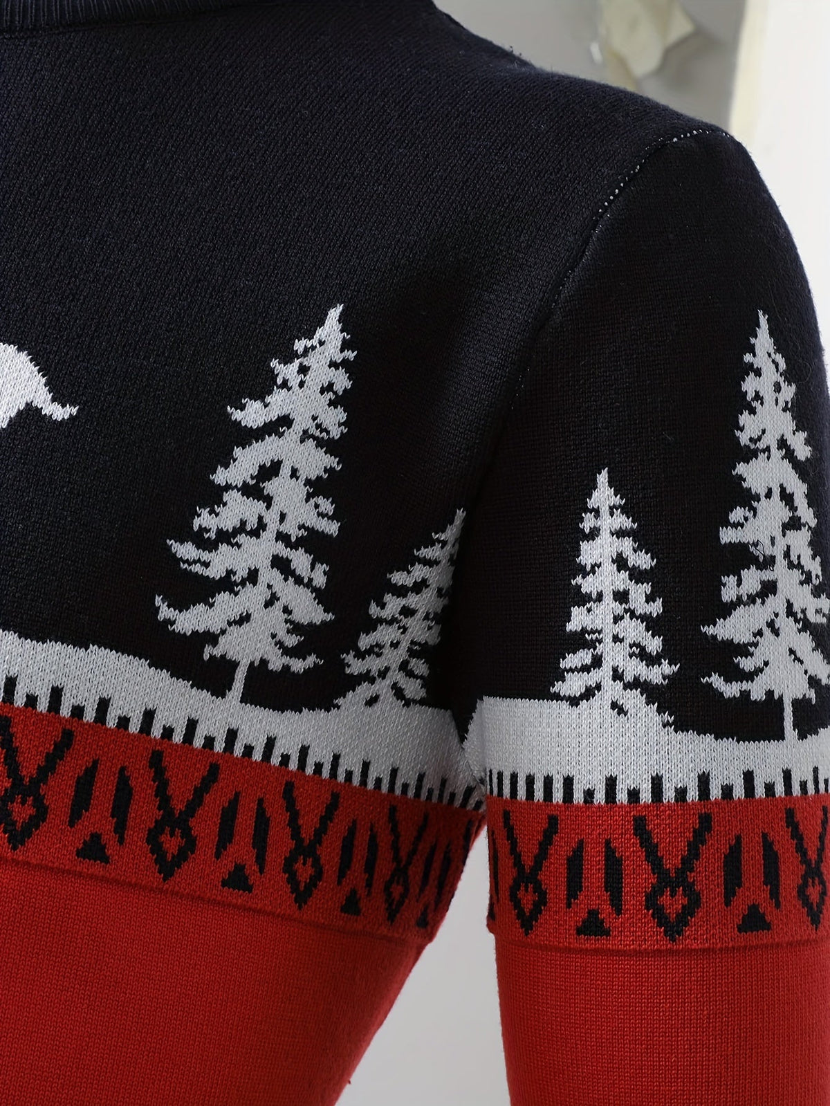 Women's Red Holiday Sweater with Reindeer and Pines