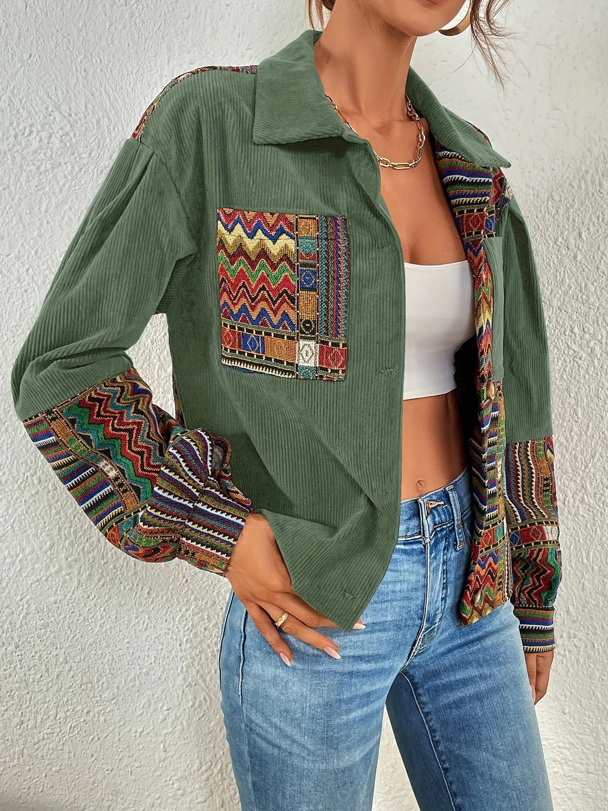 Women's Green Patchwork Jacket with Button Front