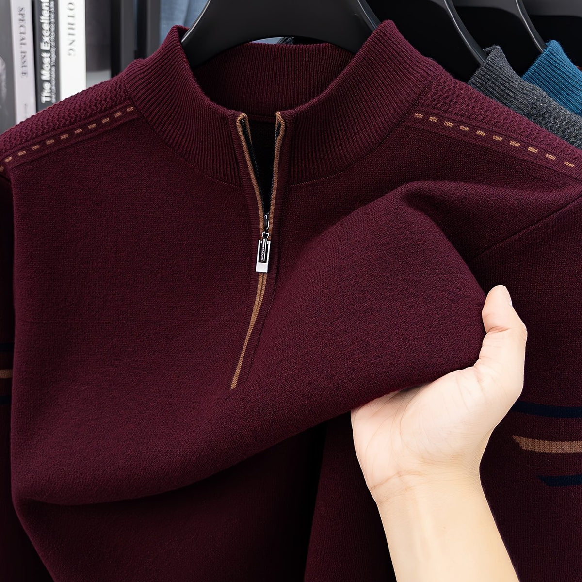 Men's Smart-Casual Knit Pullover with Half-Zip Neckline - Burgundy
