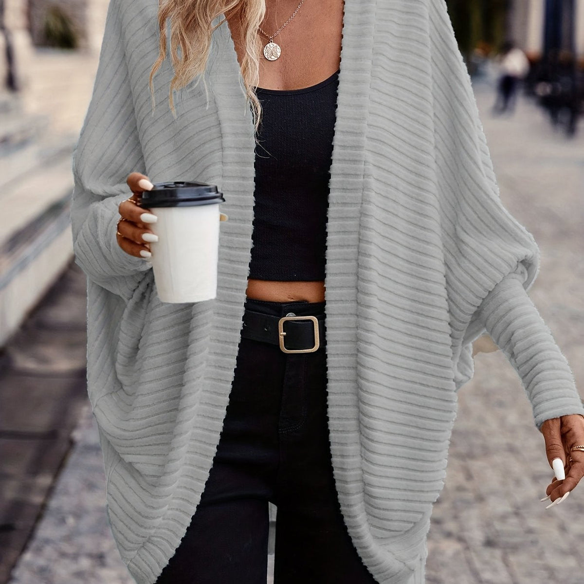 Women's Buttonless Ribbed Drape Cardigan - Light Gray