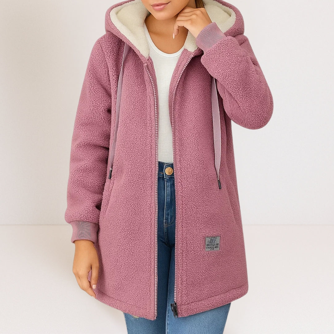 Women's Plush Longer-Line Zip Coat with Soft-Lined Hood - Pink