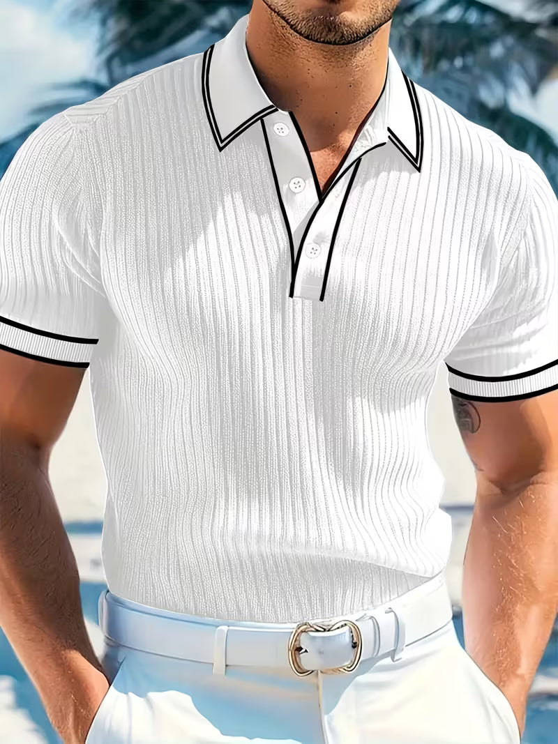 Men's Two-Tone Block Knit Polo with Short Sleeves - White