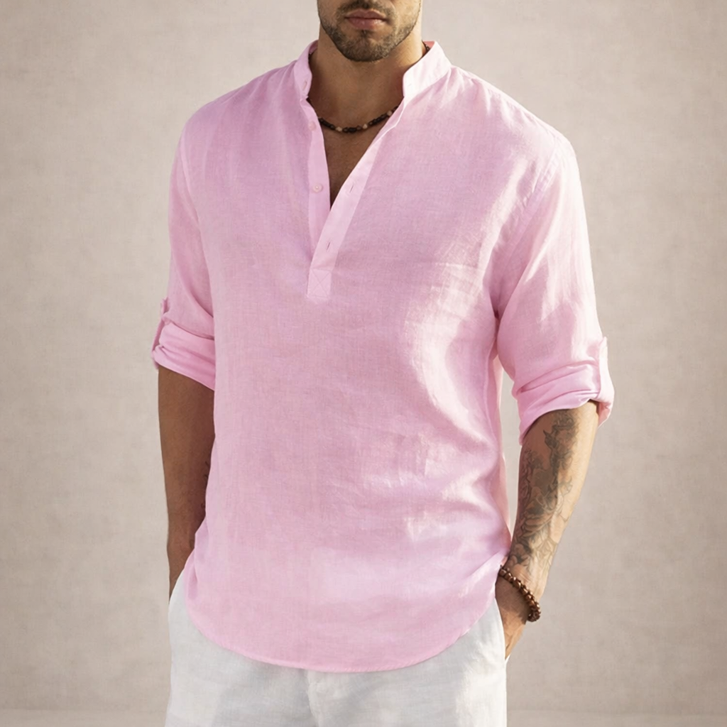 Men's Linen Shirt Open Placket Roll Sleeve Resort Fit