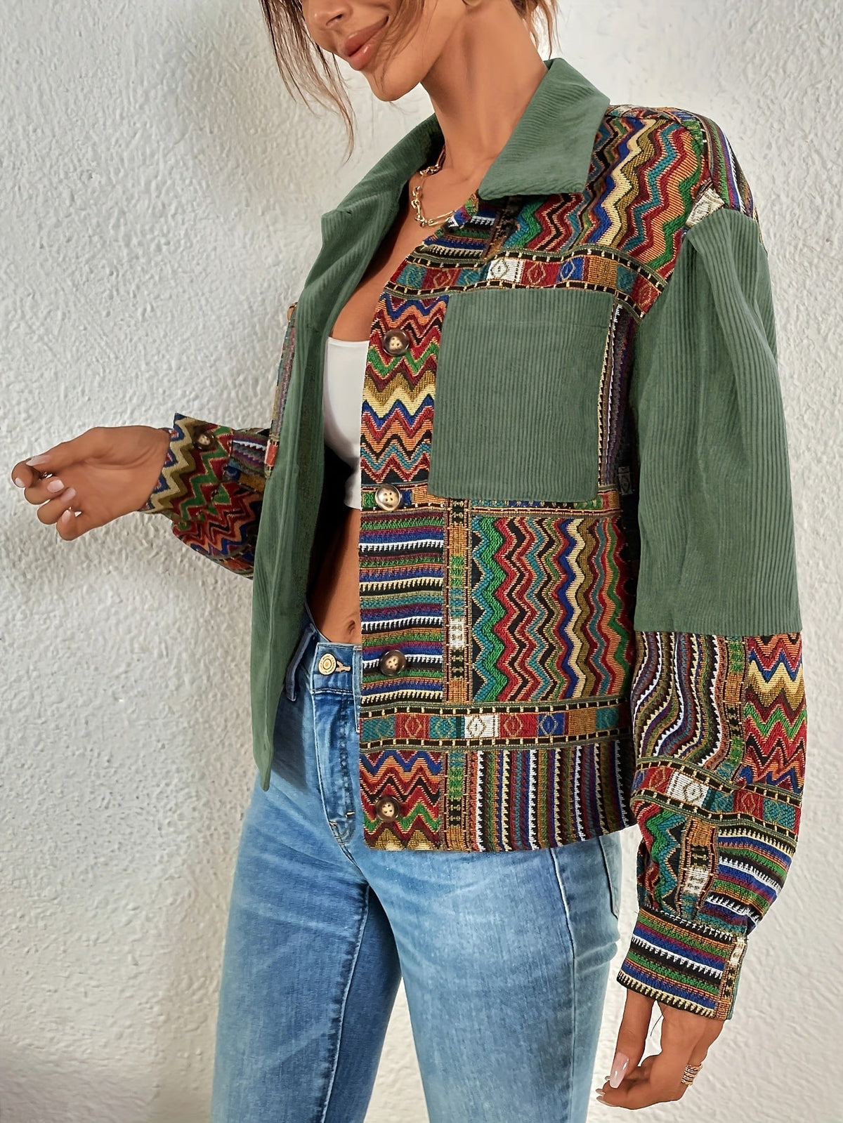 Women's Green Patchwork Jacket with Button Front