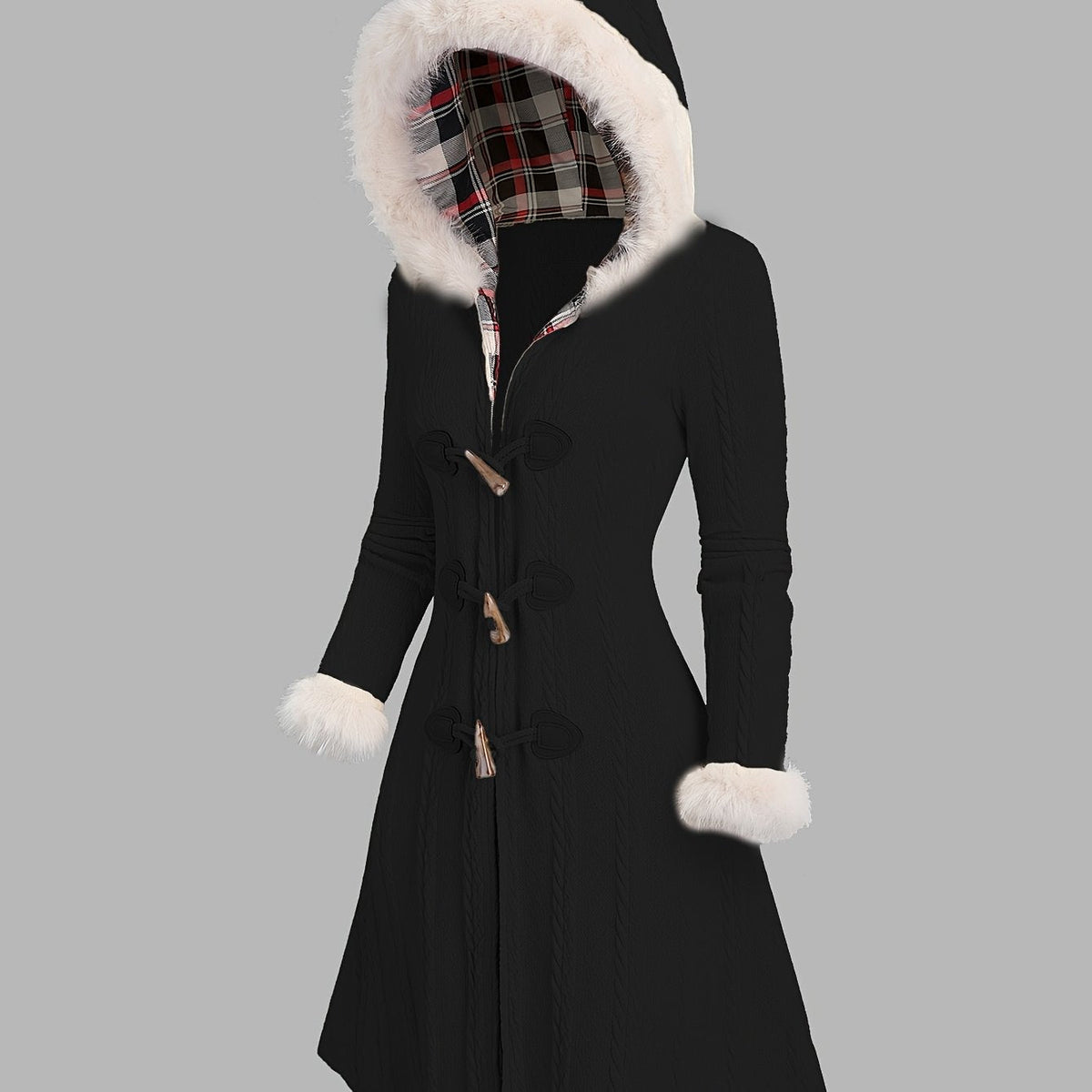 Women's Black Longline Toggle Coat with Faux Fur Trimmed Hood - Black