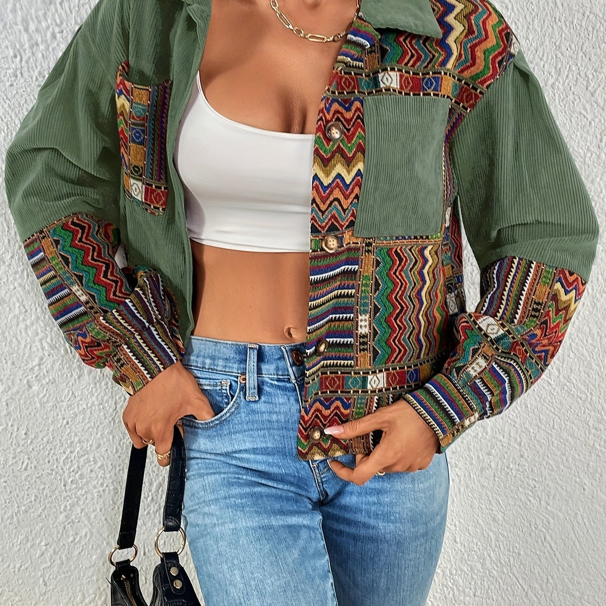 Women's Green Patchwork Jacket with Button Front - Green