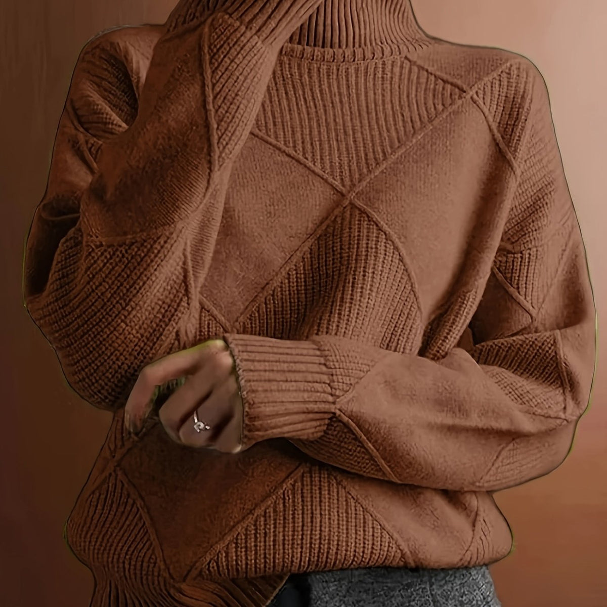 Women's Insulating Knit Turtleneck with Diamond Stitch Detail - Light Brown