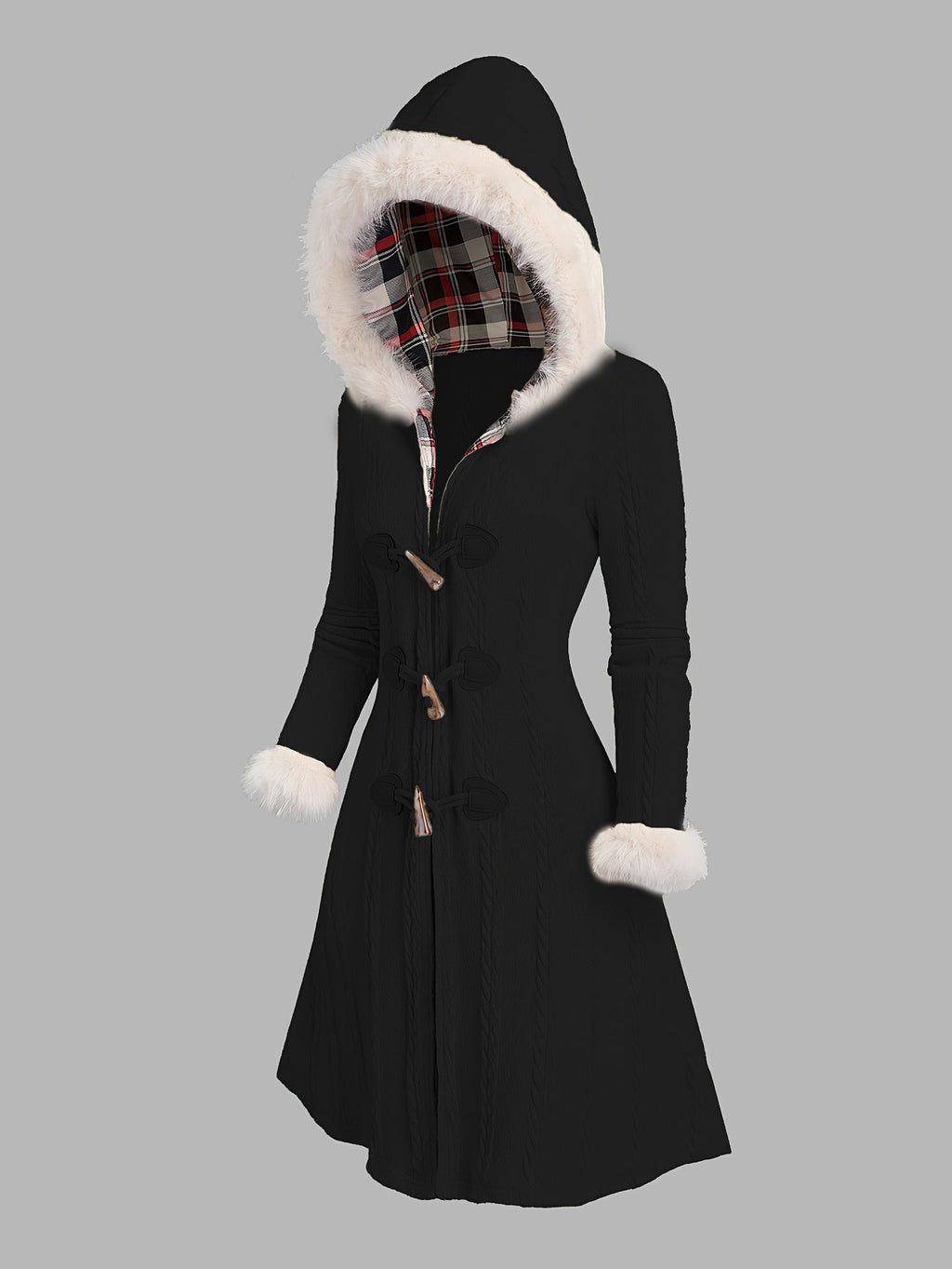 Women's Black Longline Toggle Coat with Faux Fur Trimmed Hood