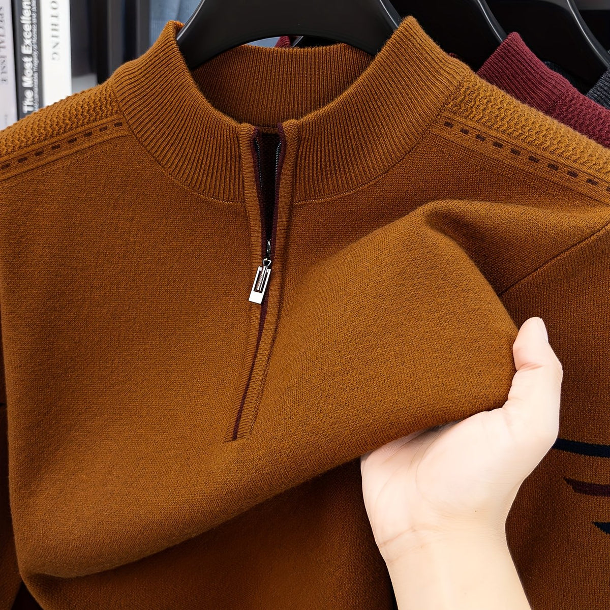 Men's Smart-Casual Knit Pullover with Half-Zip Neckline - Rust