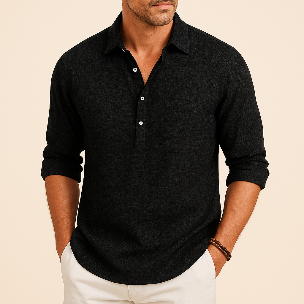 Men's Long Sleeve Polo Shirt Relaxed Fit Button Neck
