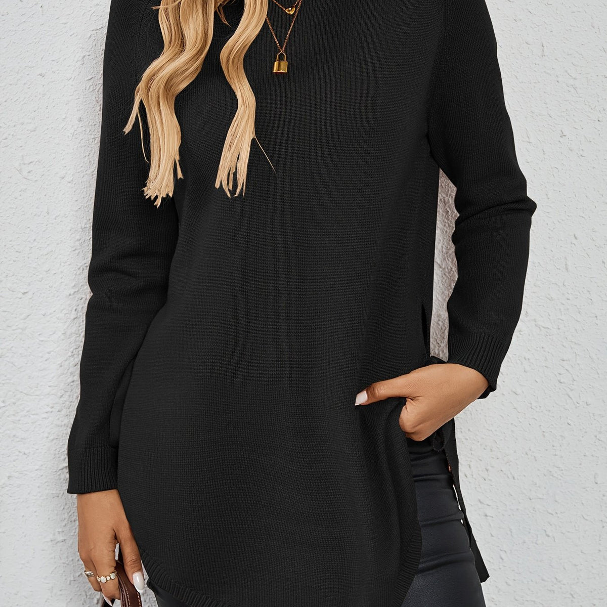 Women's Split-Side Tunic Length Pullover Sweater - Black