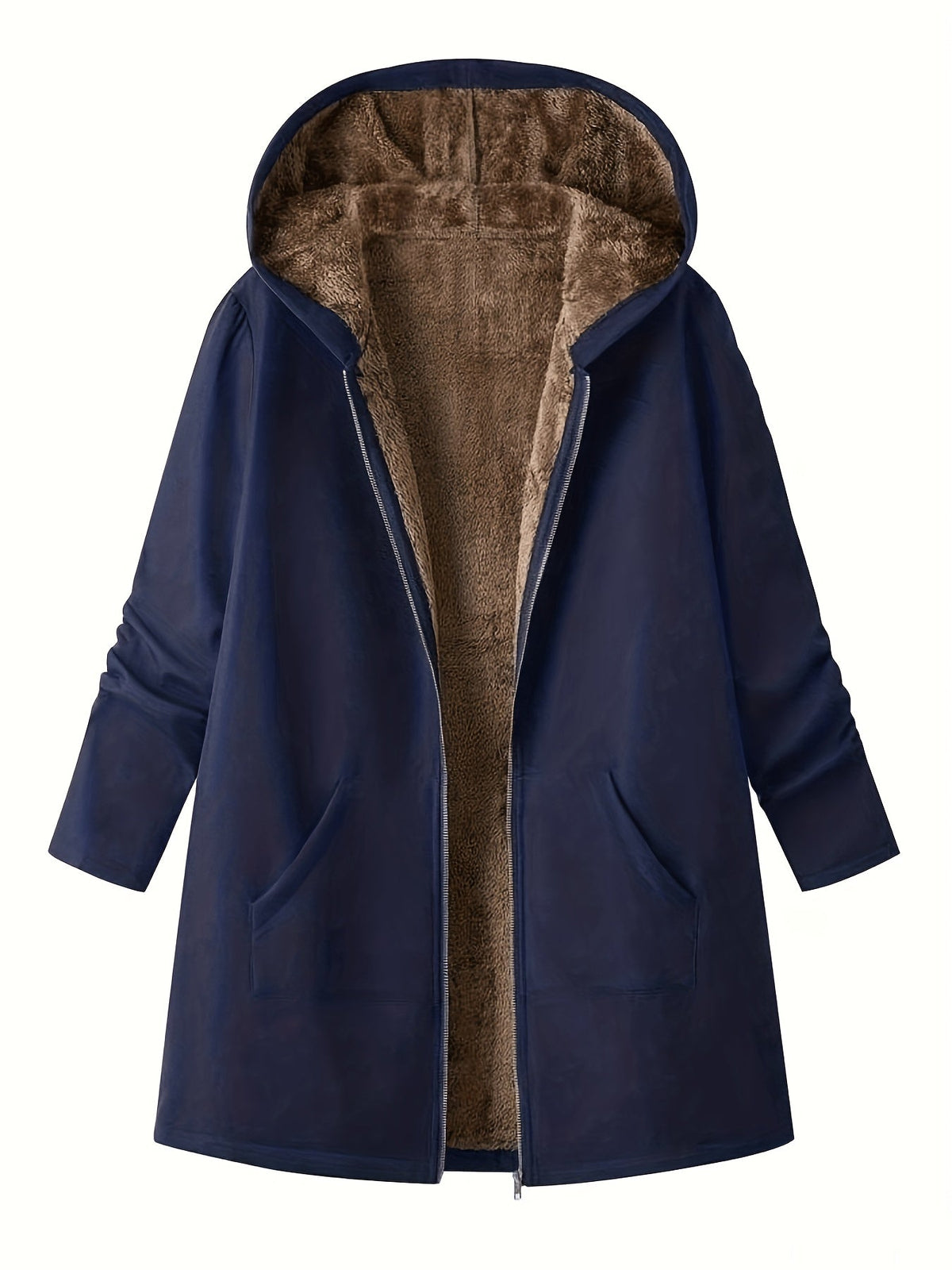 Women's Longline Hooded Winter Coat with Full-Length Zip