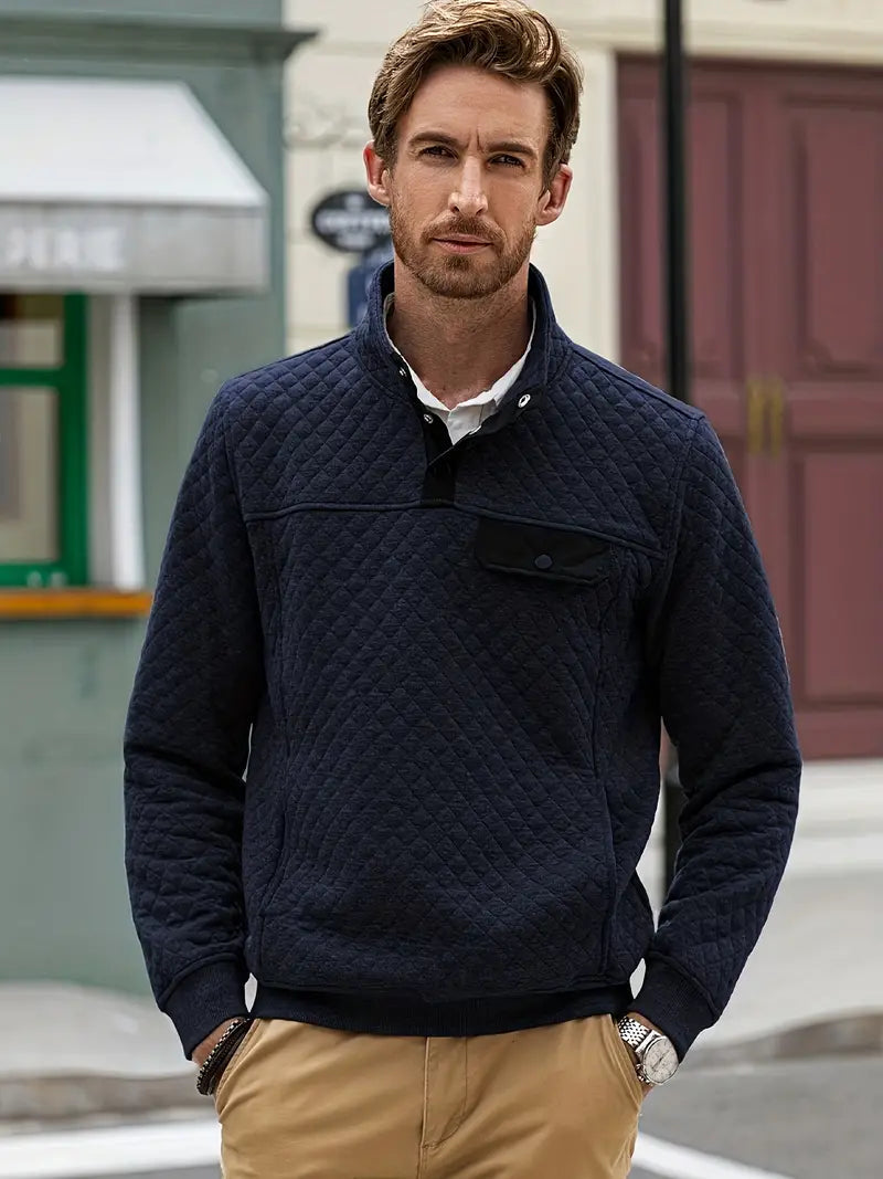 Men's Quilted Pullover Sweater with Buttoned Stand Collar