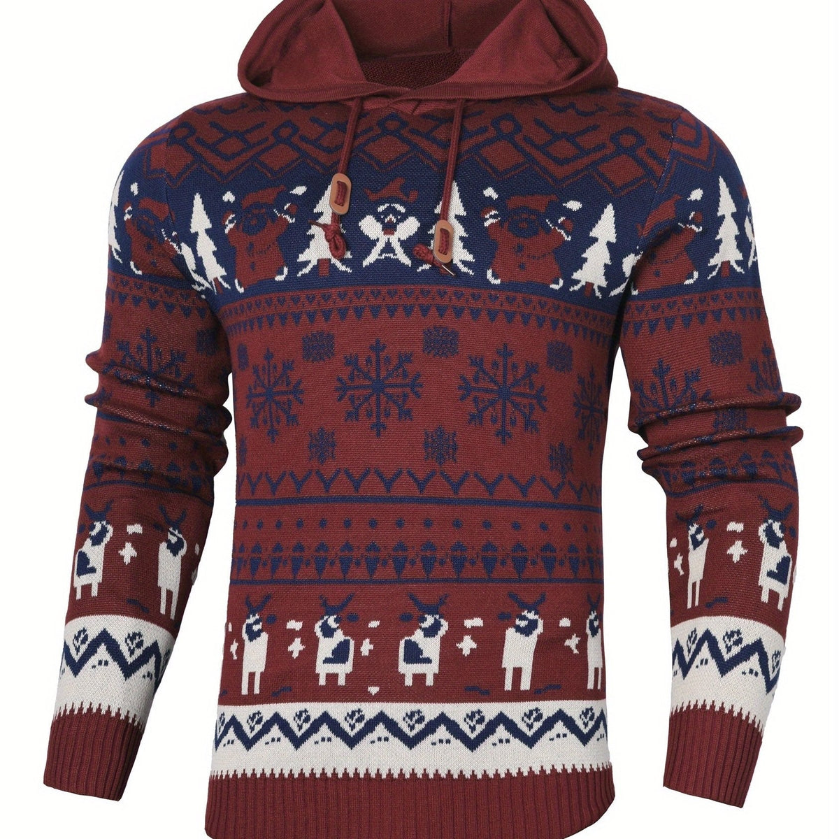 Women's Holiday Knit Hoodie Sweater with Reindeer Pattern - Burgundy Fair Isle