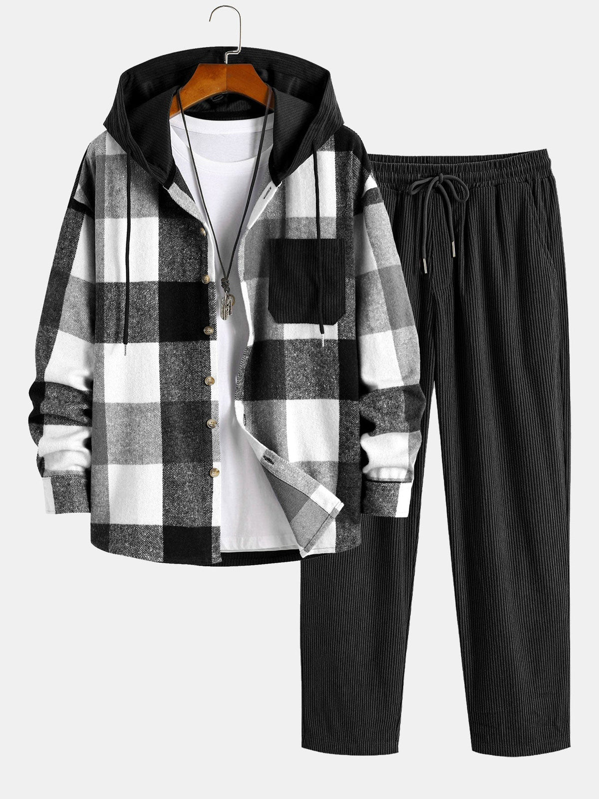 Men's Hooded Flannel Shirt and Corduroy Trouser Set Relaxed