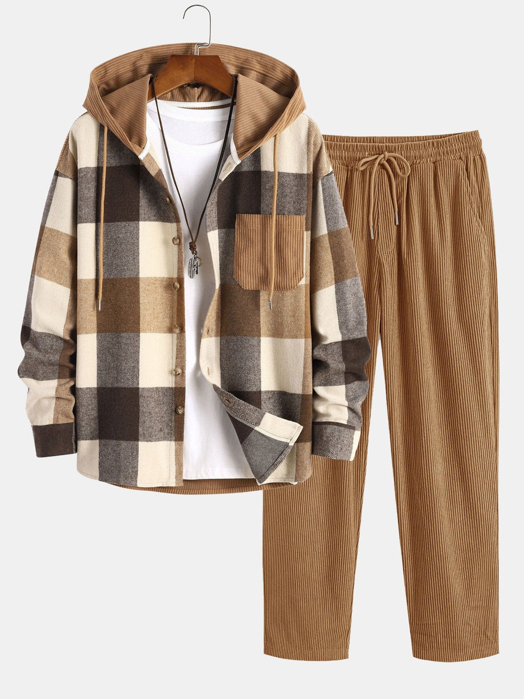 Men's Hooded Flannel Shirt and Corduroy Trouser Set Relaxed