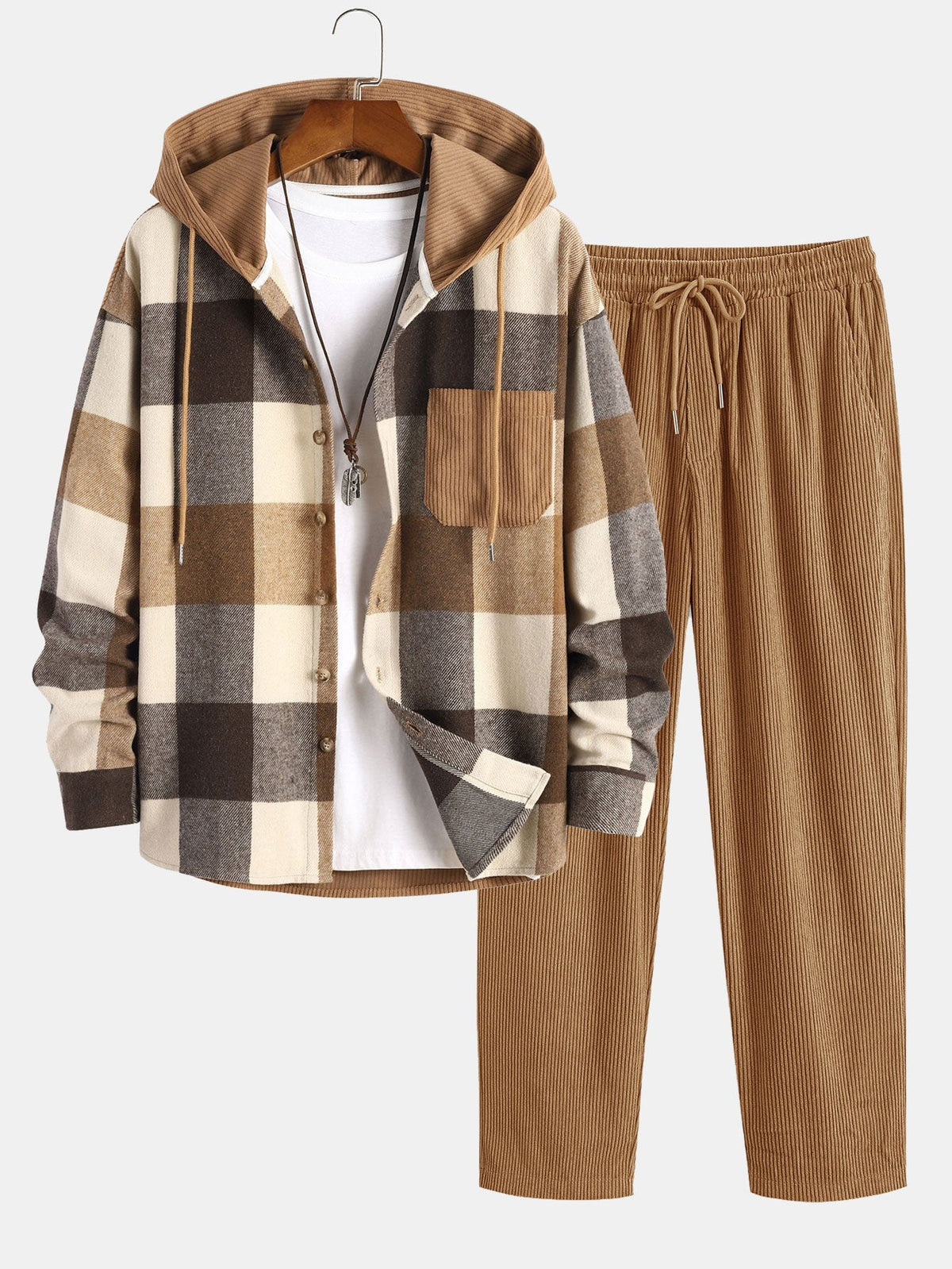 Men's Hooded Flannel Shirt and Corduroy Trouser Set Relaxed