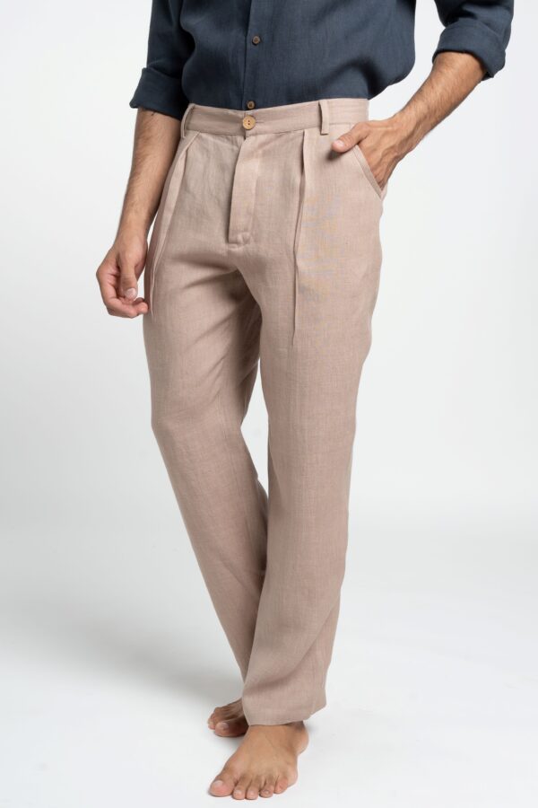 Men's Pleated Linen Blend Trousers Relaxed Tailored Summer Fit