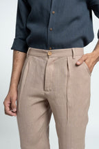 Men's Pleated Linen Blend Trousers Relaxed Tailored Summer Fit