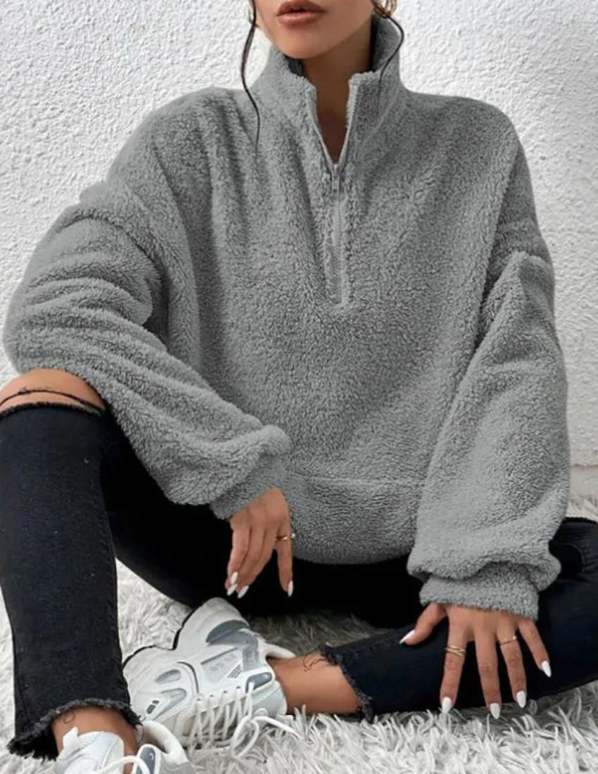 Women's Roomy Half-Zip Fleece Sweater with Pockets - Gray