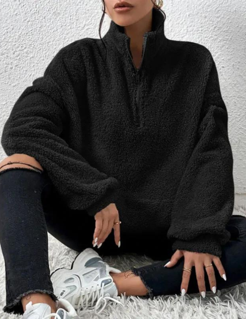 Women's Roomy Half-Zip Fleece Sweater with Pockets - Black