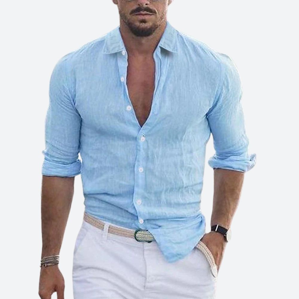Men's Slim Fit Linen Shirt Open Collar Summer Button