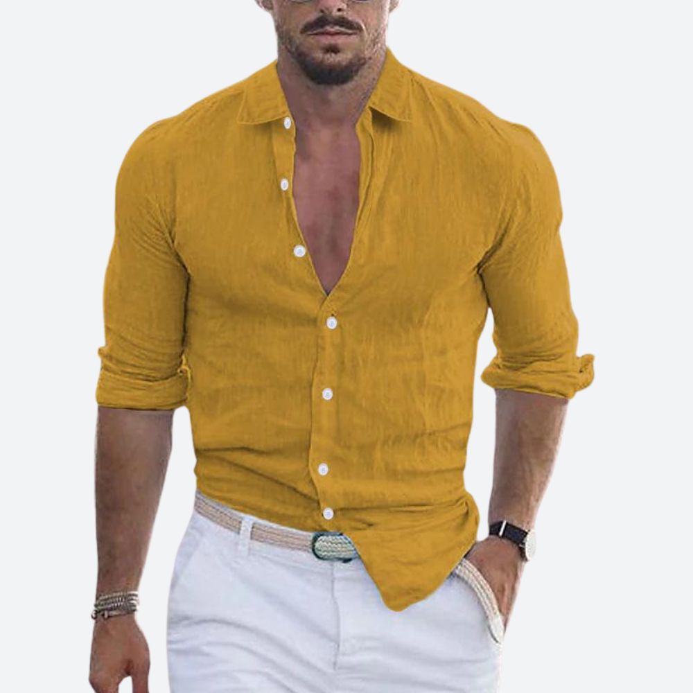 Men's Slim Fit Linen Shirt Open Collar Summer Button
