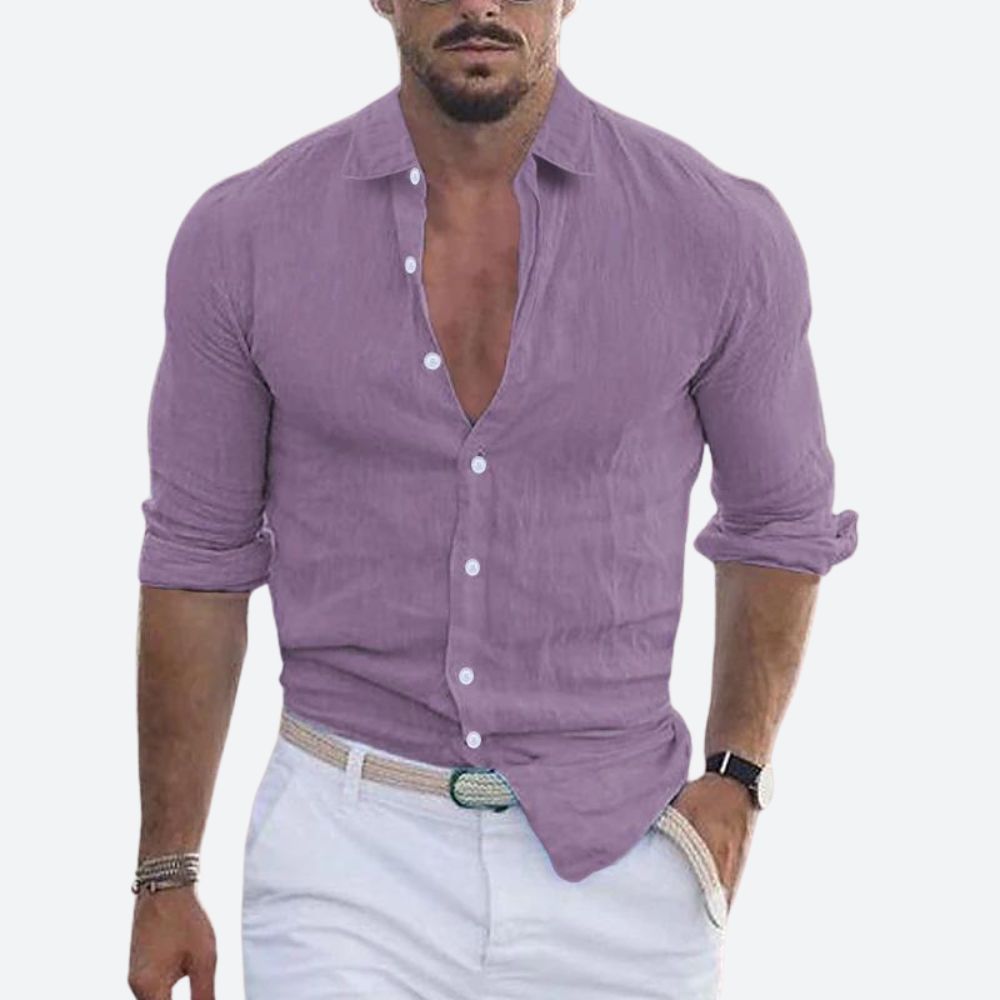 Men's Slim Fit Linen Shirt Open Collar Summer Button