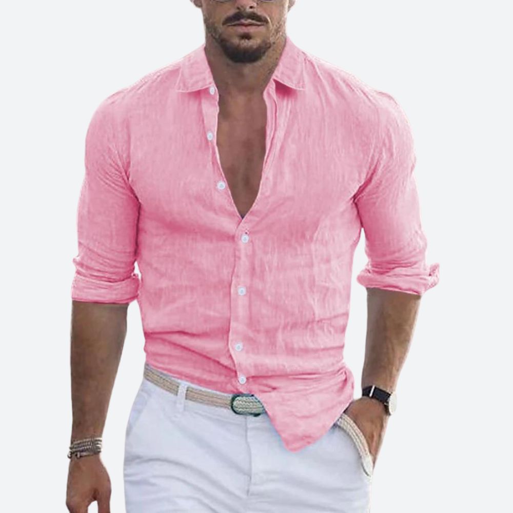 Men's Slim Fit Linen Shirt Open Collar Summer Button