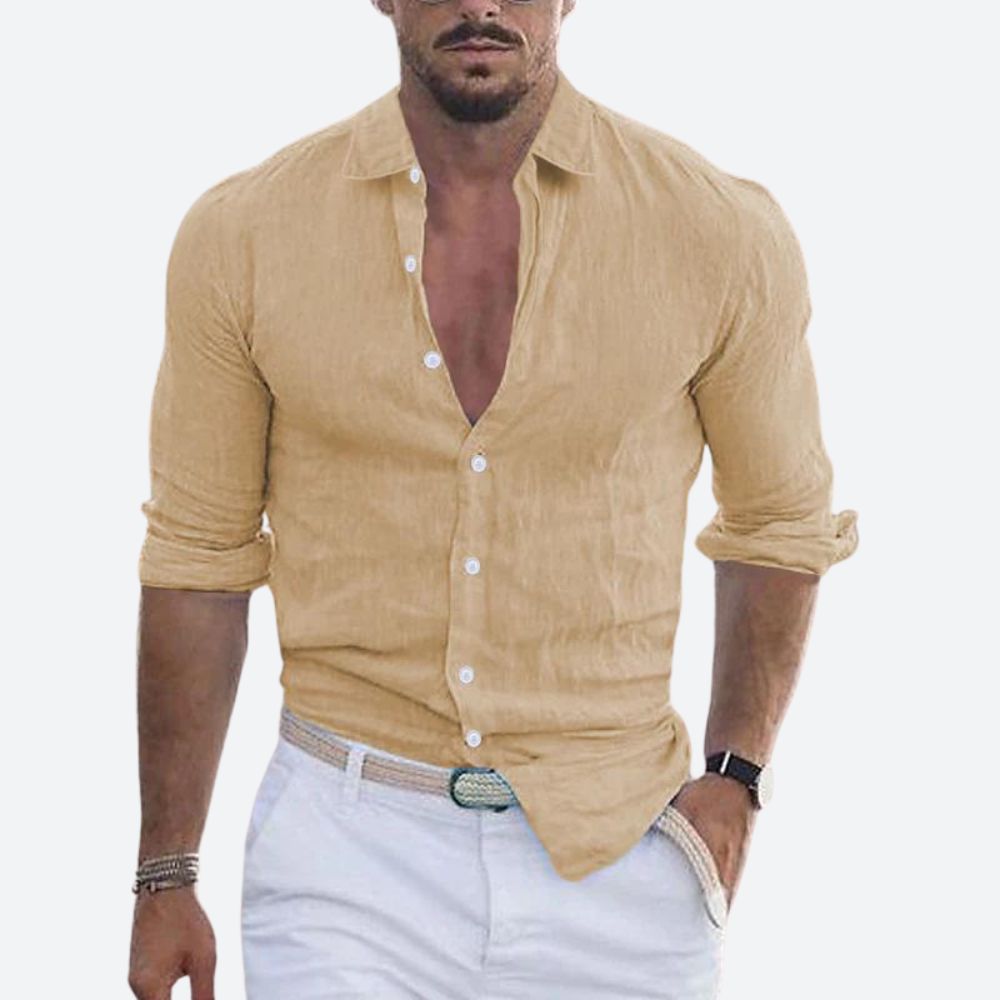 Men's Slim Fit Linen Shirt Open Collar Summer Button
