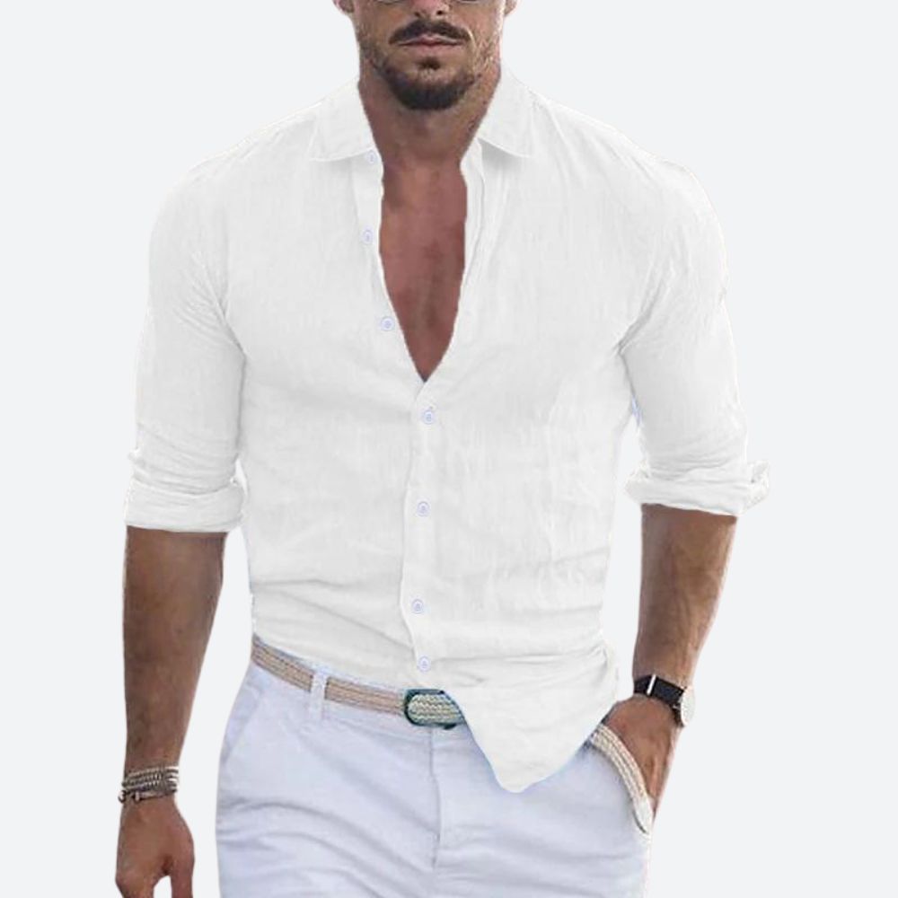Men's Slim Fit Linen Shirt Open Collar Summer Button