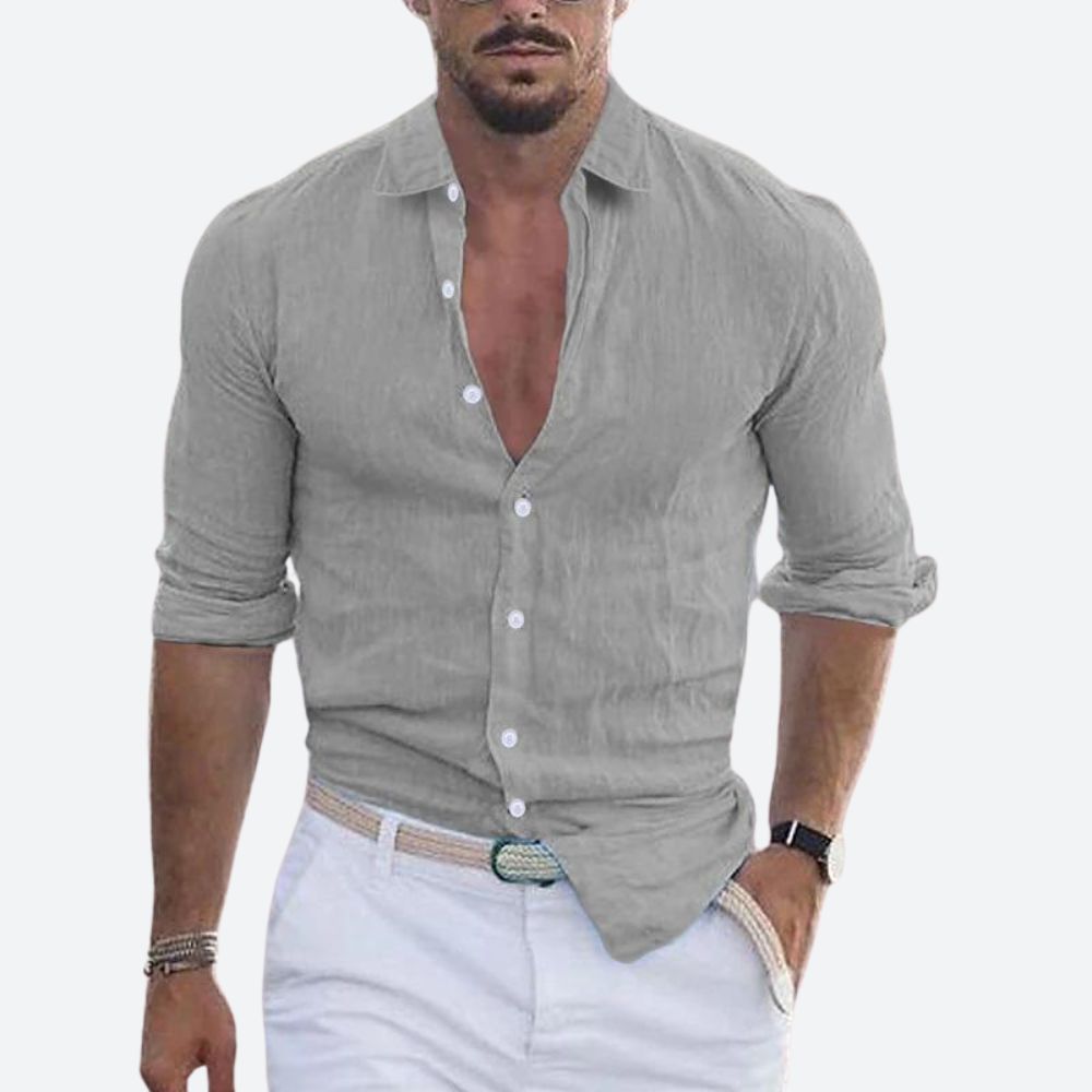 Men's Slim Fit Linen Shirt Open Collar Summer Button