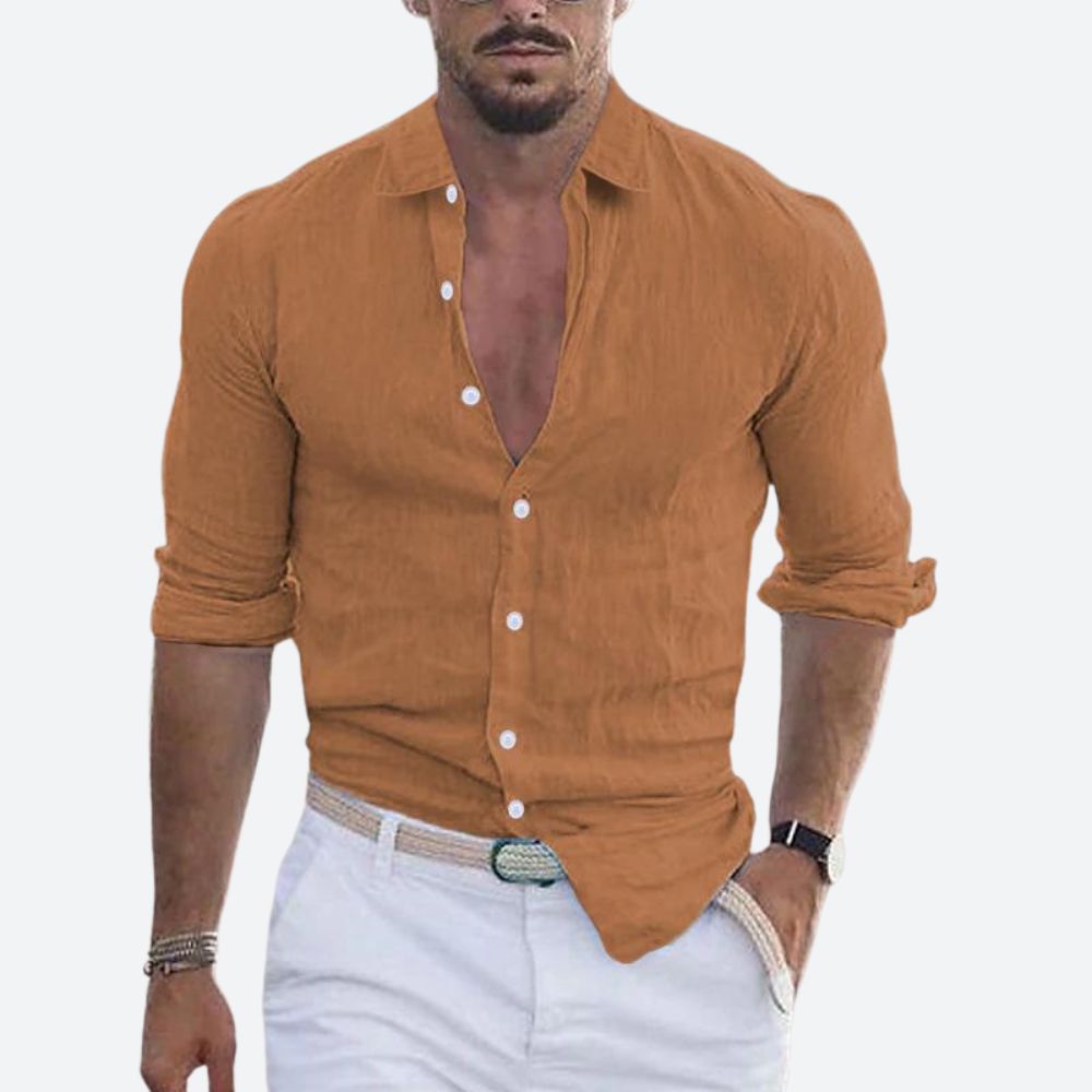 Men's Slim Fit Linen Shirt Open Collar Summer Button