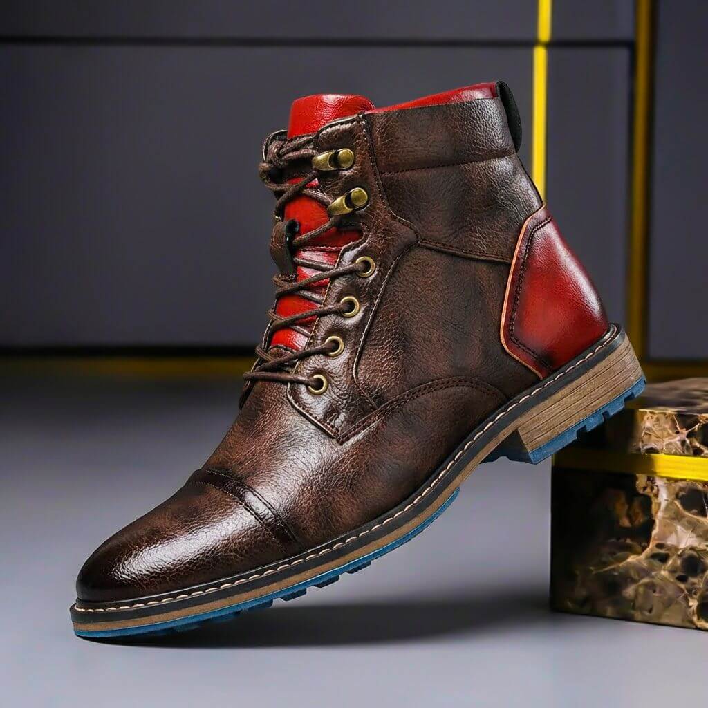 Men's Genuine Leather Cap Toe Boots Lace Up Ankle