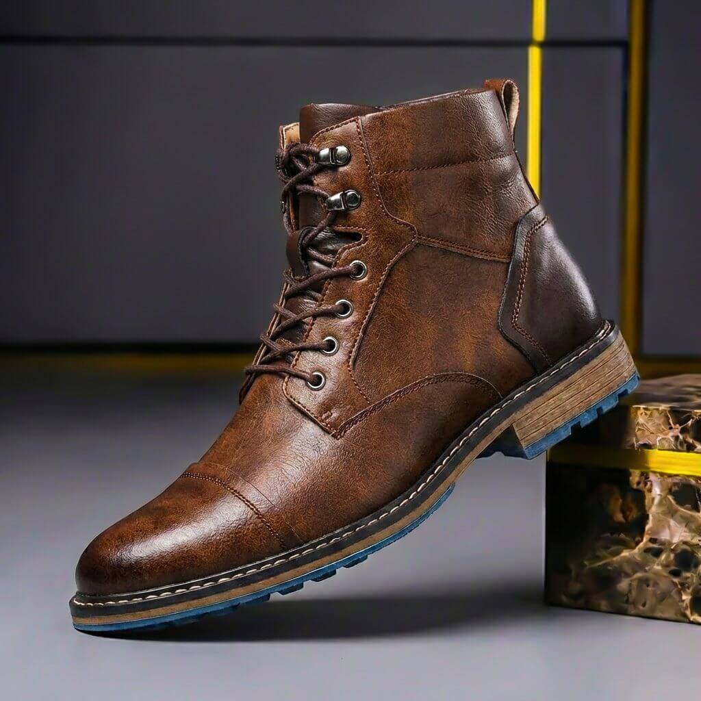 Men's Genuine Leather Cap Toe Boots Lace Up Ankle