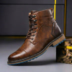 Men's Genuine Leather Cap Toe Boots Lace Up Ankle