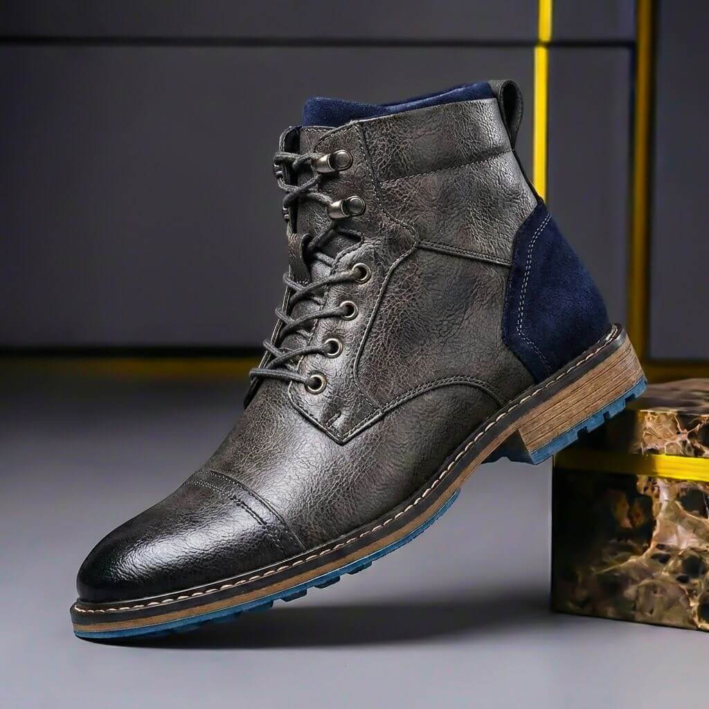Men's Genuine Leather Cap Toe Boots Lace Up Ankle